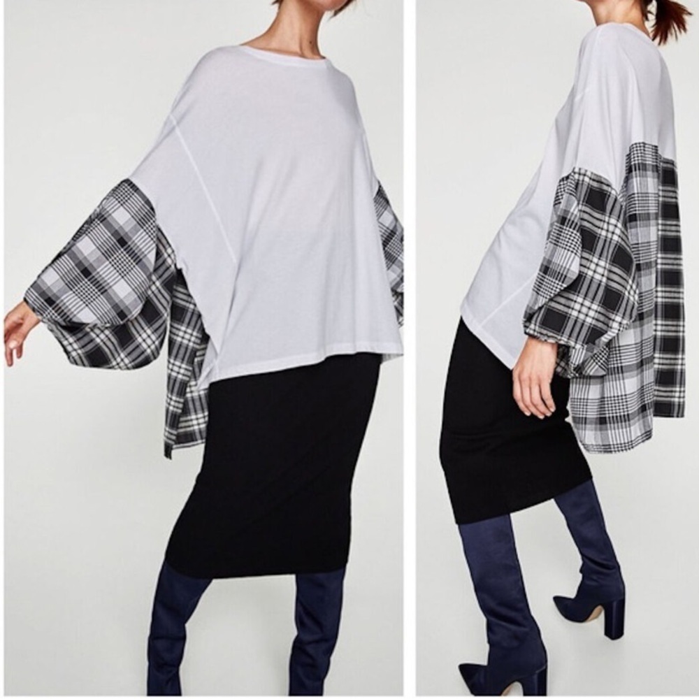 Zara White Top with Black & Gray Plaid Sleeves